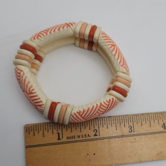 Vintage Inspired Tribal Stretch Bracelet Ivory  Burnt Orange Geometric Design - Picture 4 of 4